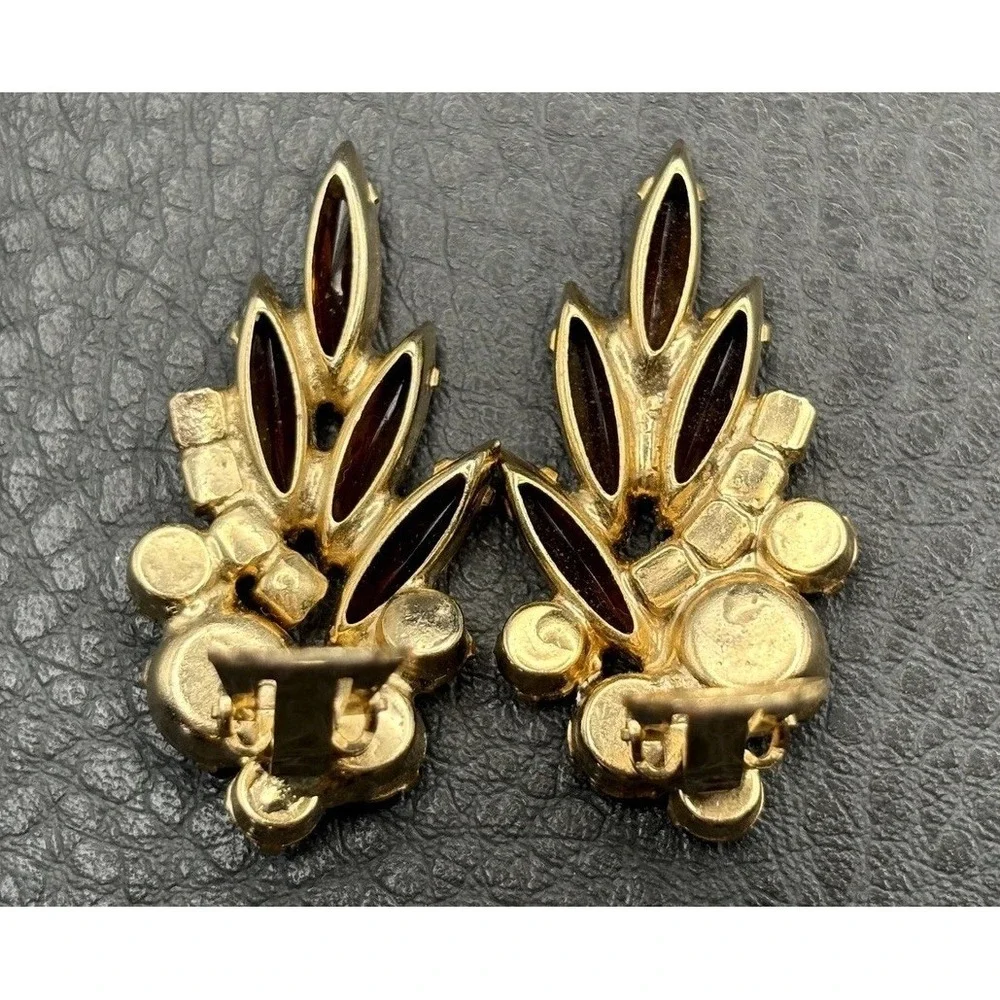 Vintage Aurora Borealis AB Rhinestone Navette Clip On Earrings Gold Tone